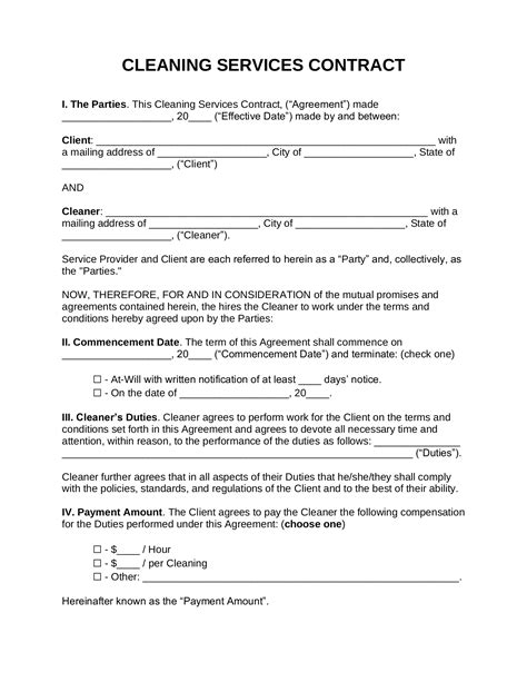 Free Printable Cleaning Contract Template Word